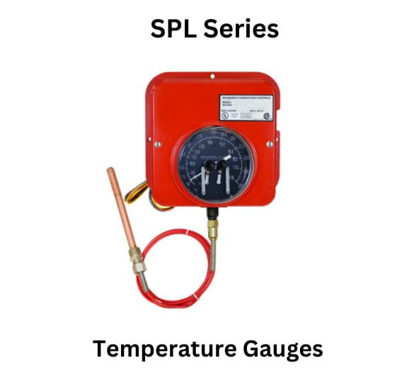  Red and white sign displaying 'SPL Series Temperature Gauges' from FW Murphy, indicating product specifications